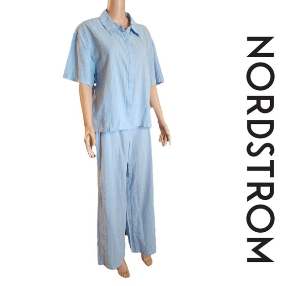 Nordstrom Seersucker Pajamas NWT Blue Small- Missing button, spots on pants - Picture 1 of 16